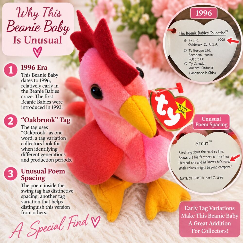 Beanie Babies - Strut the Rooster 1996 - EXTREMELY RARE ERROR Tag & Information